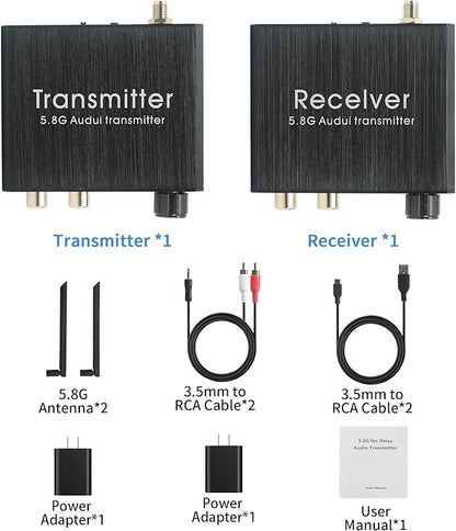 5.8GHz Wireless Audio Transmitter Receiver,164Ft/50M Long Range 18ms Low Latency, RCA / 3.5mm AUX Input/Output with Volume Adjustment Knob, Used for TV/PC/CD/Power Speaker/Soundbar/Headphones