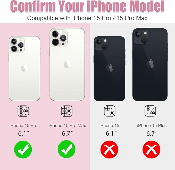 AGVEE 3+3 6 Pack for iPhone 15 Pro 6.1" / 15 Pro Max 6.7" Camera Lens Cover Protector, Bling Diamond & Bling Glitter Metal Ring 9H Tempered HD Glass Camera Cover Protector Film, Bling-Pink
