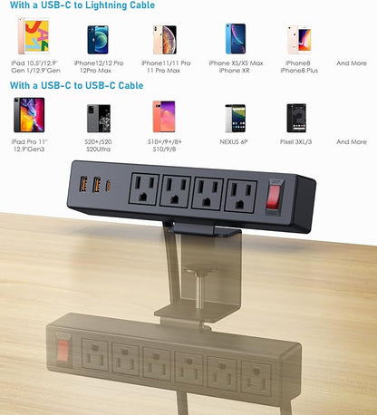 Dual Layer Desk Clamp Power Strip Surge Protector, Under Desk Power Strip with 10AC Outlets & 3 USB(20W USB-C), Desktop Edge Mount Charging Station, 6 Ft Extension Cord for Office Home (ETL Listed)