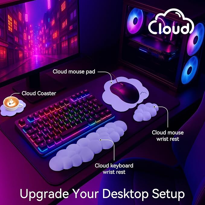 Sushret Cloud Wrist Rest for Computer Keyboard and Mouse Pad Set, Purple