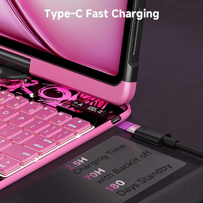 iPad Keyboard Case for 2024 M4 iPad Pro 11 inch, Magic Wireless Keyboard with Trackpad 7 Color Backlit, 360° Rotating Stand Transparent Protective Cover with Pencil Holder (Pink)
