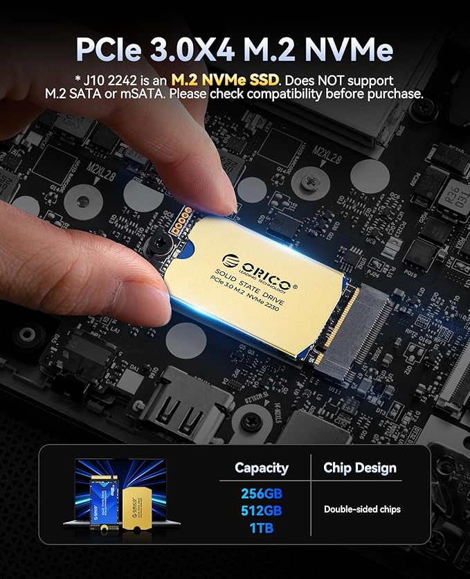 ORICO M.2 2242 NVMe SSD 512GB, PCIe 3.0 with 3200MB/s Read Speed, 3D NAND, Copper Heat Sink for Laptops, Mini PCs, IoT Devices, and DIY External Drives - J10-2242
