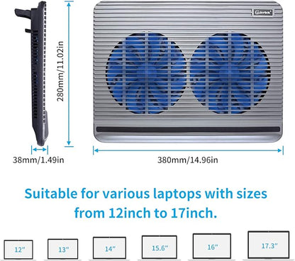 Laptop Cooling Pad, Coolertek USB Powered Laptop Cooler, 2 Blue Silent Big Fans, Height Adjustable Non-Slip Laptop Stand with Dual USB 2.0 Ports, Fits 11-17Inch Notebook - Gray (N2)