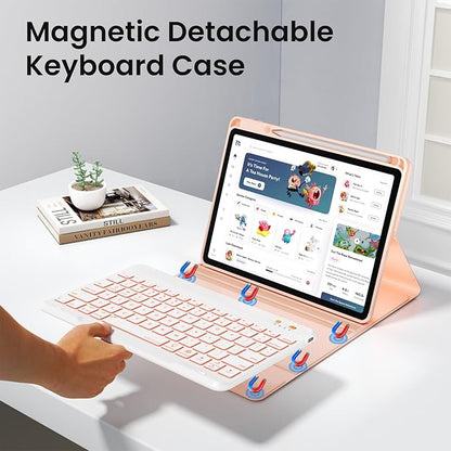Keyboard and Case for iPad 7th/8th/9th Generation 10.2-inch 2018/2020/2021, iPad Air 3 2019, 2017 iPad Pro 10.5-inch Case with Pencil Holder, Detachable Wireless BT Keyboard, Tablet Smart Cover(Pink)