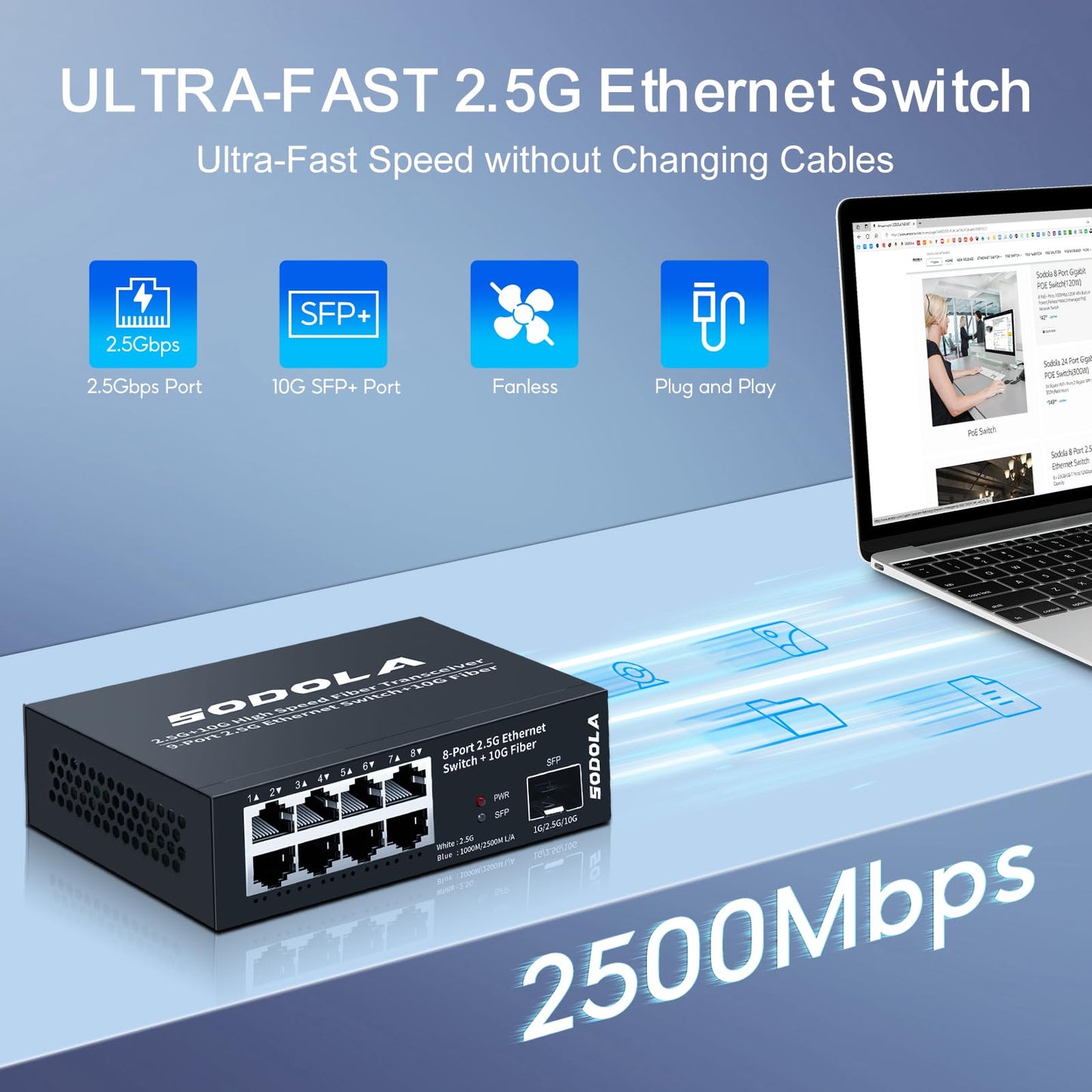 SODOLA 8-Port Unmanaged 2.5G Switch,8 x 2.5GBASE-T Ports,1X10G SFP+,100Gbps Switching Capacity, Fanless, Metal，Plug & Play 2.5Gb Network Switch