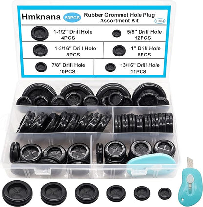 53PCS Rubber Grommets for Wiring, Rubber Grommet Kit in 6 Assorted Drill Hole Sizes 5/8" 13/16" 7/8" 1" 1-3/16" 1-1/2", Two-Sided Rubber Hole Plug for Protecting Wires