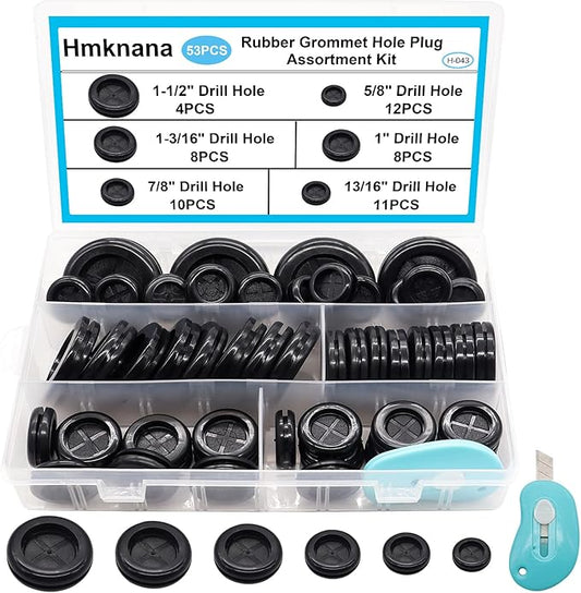 Hmknana 53Pcs Rubber Grommet Kit, 6 Sizes Firewall Grommets Rubber Hole Plugs for Wiring, Automotive Firewall, Cabinet Cable Protection, 5/8" 13/16" 7/8" 1" 1-3/16" 1-1/2" Drill Hole Rubber Gaskets