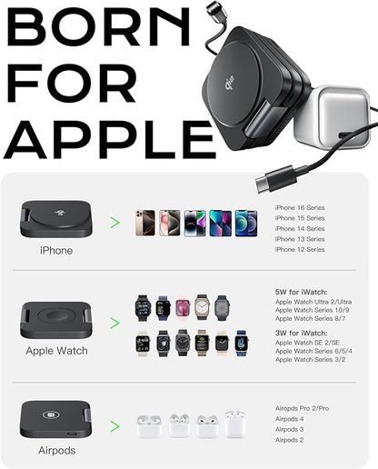 Qi2 Certified 3 in 1 Travel Charger MagSafe Compatible, Upgraded Foldable Wireless Charger Stand, Mag-Safe 3 in 1 Charging Station,15W Fast Charging for iPhone 17/16/15/14/13/12, Apple Watch, AirPods