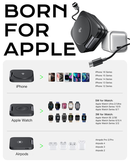 Qi2 Certified 3 in 1 Travel Charger MagSafe Compatible, Upgraded Foldable Wireless Charger Stand, Mag-Safe 3 in 1 Charging Station,15W Fast Charging for iPhone 17/16/15/14/13/12, Apple Watch, AirPods