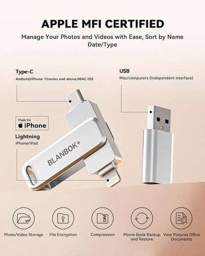 MFi Certified 128GB Flash Drive for iPhone Photo Stick, USB Thumb Drive Memory Stick High Speed USB Drive Photo Storage for iPhone Flash Drive Compatible for iPhone/iPad/Android/PC