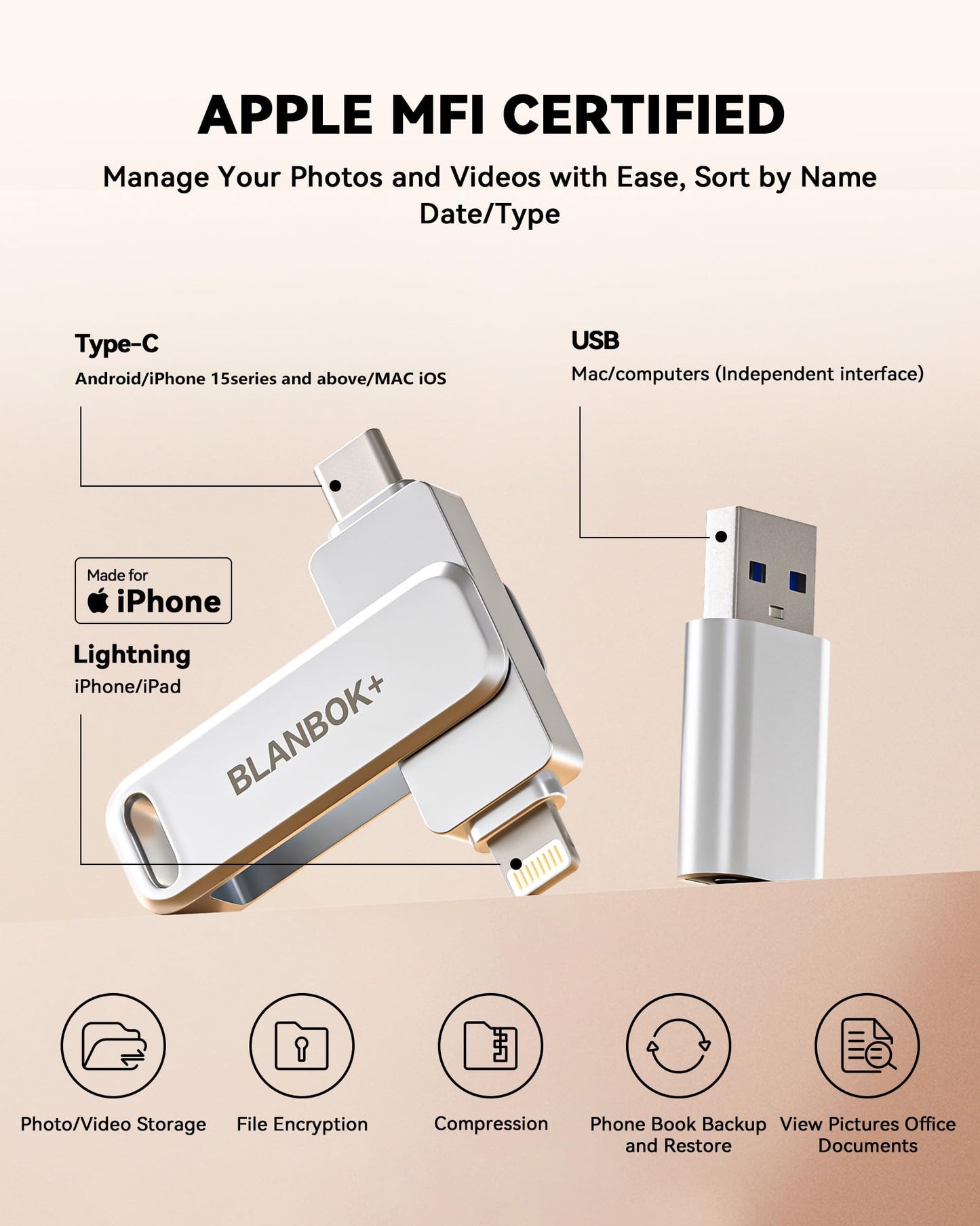 BLANBOK+ MFi Certified 512GB Flash Drive for iPhone Photo Stick, USB Thumb Drive Memory Stick High Speed USB Drive Photo Storage for iPhone USB Stick Compatible for iPhone/iPad/Android/PC, BLA233