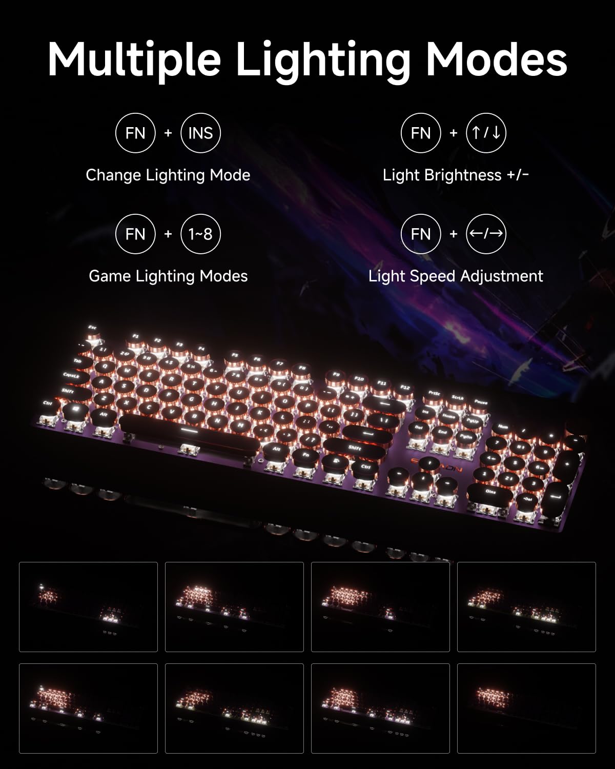 EWEADN Wired Typewriter Mechanical Keyboard, Low Noise Pink Switch Retro Punk Keyboard with Media Knob, White Backlit, Metal Panel, 104-Key Round Keycaps Cute Keyboard for Windows PC -Purple