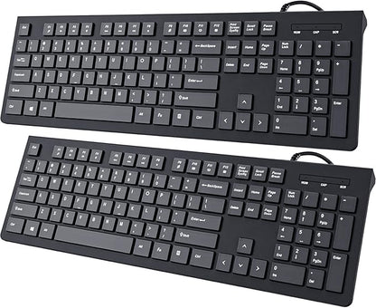 Computer Keyboard Wired, Plug Play USB Keyboard, Low Profile Chiclet Keys, Large Number Pad, Caps Indicators, Foldable Stands, Spill-Resistant, Anti-Wear Letters for PC Laptop (Black, 2-Pack)