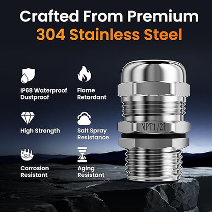 QILIPSU 4pcs 1/2" NPT 304 Stainless Steel Cable Gland Long Thread Waterproof IP68 Metal Strain Relief Cord Grip Cable Pass Through Wire Connector