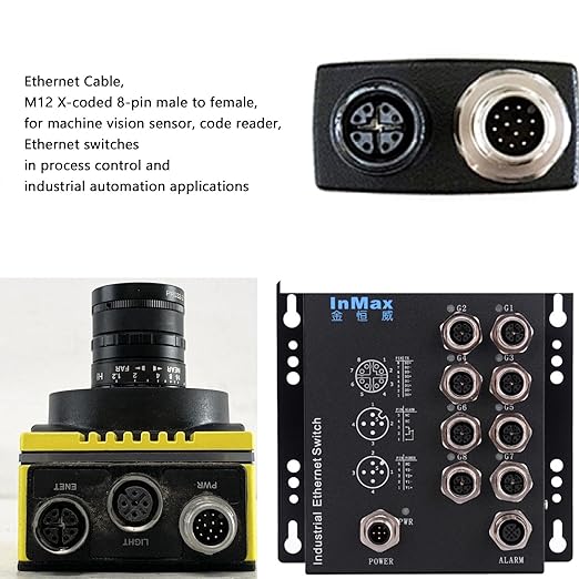 HangTon M12 Ethernet 8 Pin X Coded RJ45 CAT7e GigE Cable for Basler Cognex Vision Camera Sensor High Speed Network Switch Router PLC 30cm