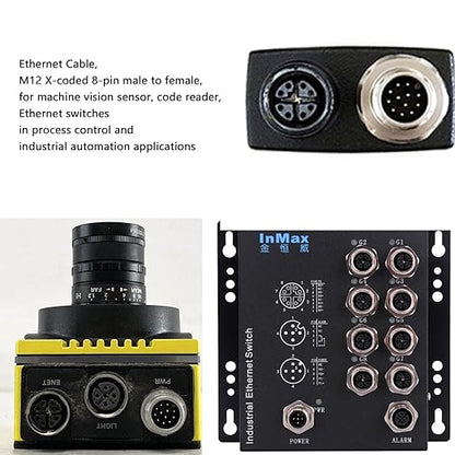 HangTon M12 Ethernet 8 Pin X Coded RJ45 CAT7e GigE Cable for Basler Cognex Vision Camera Sensor High Speed Network Switch Router PLC 30cm