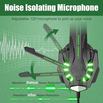 BENGOO G9000 Stereo Gaming Headset for PS4 PC Xbox One PS5 Controller, Noise Cancelling Over Ear Headphones with Mic, LED Light, Bass Surround, Soft Memory Earmuffs for Laptop Mac - Green