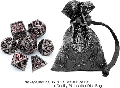 Haxtec DND Dice Set Metal D&D Dice Set with Leather Dice Bag Antique Iron Red Metal Polyhedral Dice Compatible with Dungeons and Dragons TTRPG Gifts