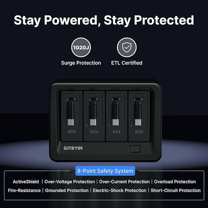 Gitryin 12-in-1 Desktop Charging Station with 4 Retractable Type-C Wall Chargers, 40W USB-C Power Strip with Flat Plug, Extension Cord with 1020J Surge Protection for Home Office