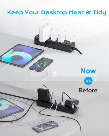 Flat Plug Desk Clamp Power Strip 10FT, 24W Total Charging Station, Desk Edge Mount Power Strip 9 AC Outlets 8 USB Ports Surge Protector, Fit 1.7" Tabletop Edge, Home Office Accessories