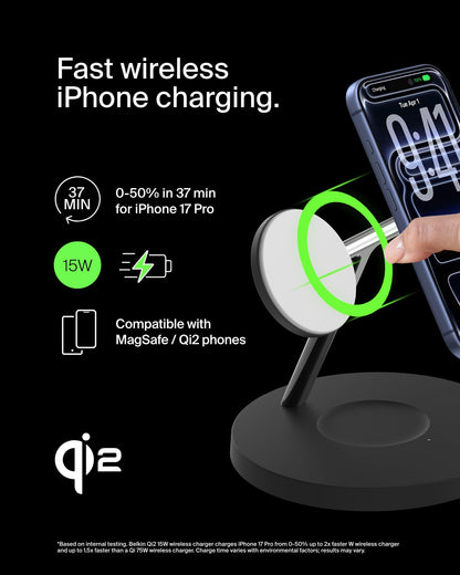 Belkin Qi2 15W Wireless Charging Station, 3 in 1 iPhone Charger