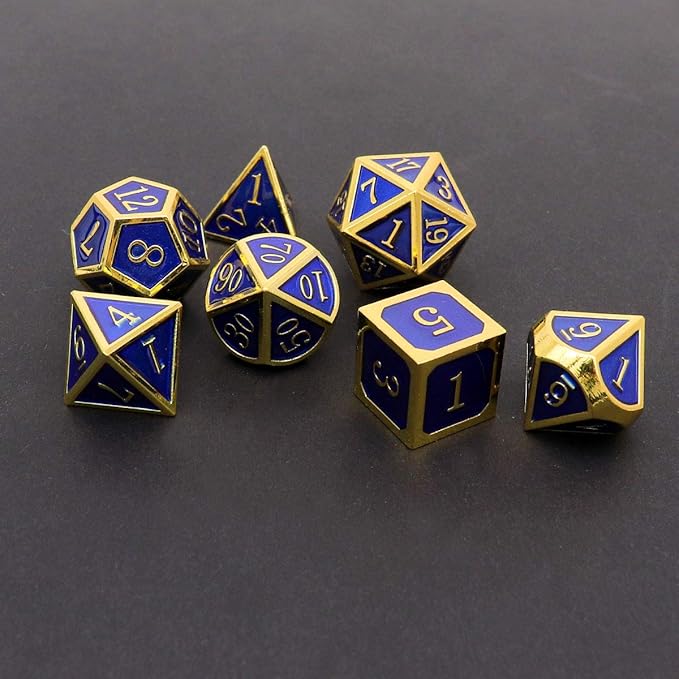 Haxtec Metal DND Dice Set 7 Die Gold Blue Metal D&D Dice Compatible with Dungeons and Dragons Games-Glossy Enamel Dice (Gold Blue)