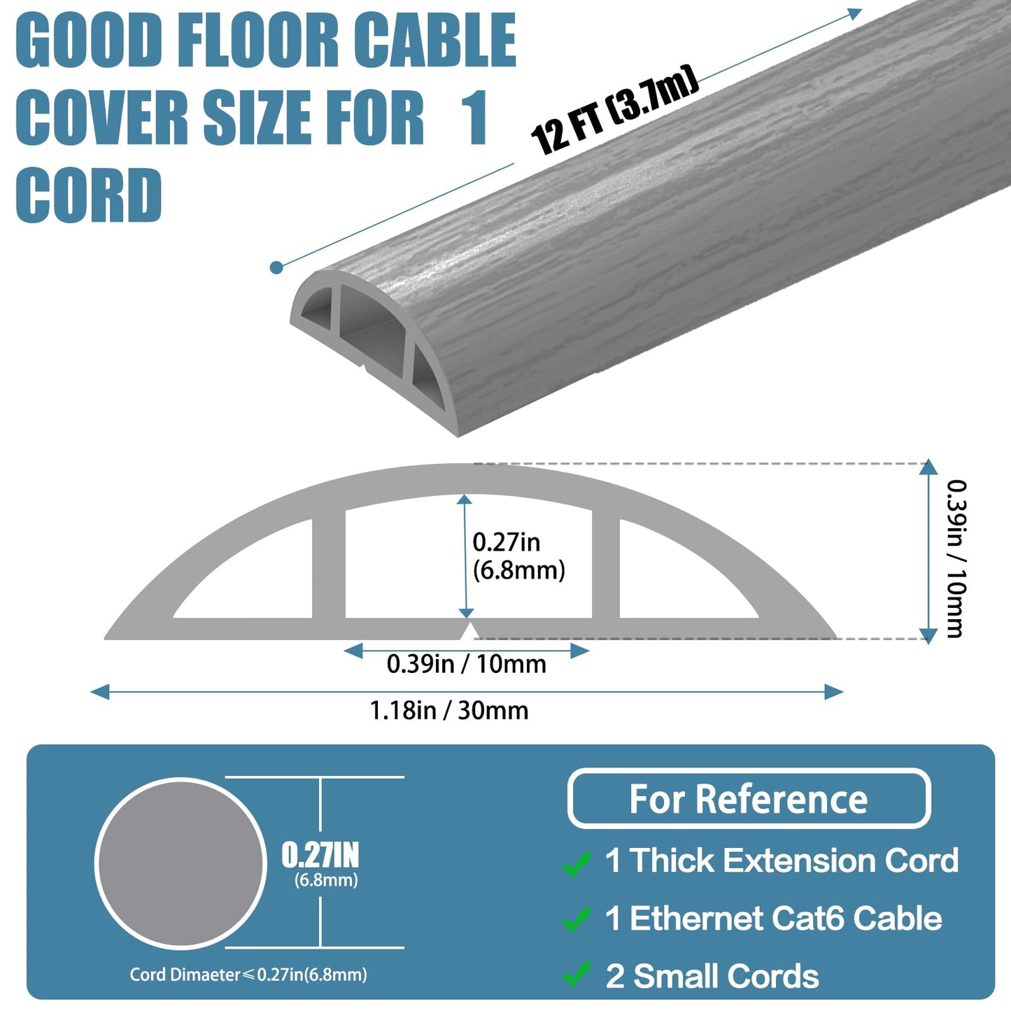 Floor Cord Covers for Wires 12FT Cable Hider Wire Cover Self Adhesive Cord Hider Floor for Offices, Homes, Workshops, Warehouses Cable Cavity 0.39" W x 0.27" H
