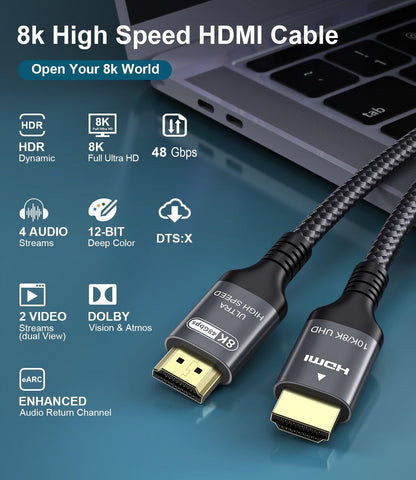 Certified 10K 8K 4K HDMI 2.1 Cable 1.5FT, 48Gbps Ultra High Speed HDMI Cord