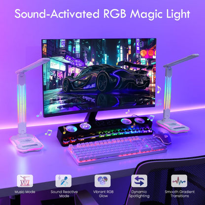 WILIT Desk Lamp for College Dorm Room, RGB Gaming Desk Light with Wireless Charging & USB Port, Gamer lamp Sound Reactive,3 Color Modes 5 Brightness,Reading Lamp Touch Control for Home Office,Study