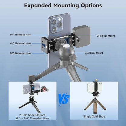 SIRUI Phone Mount for Tripod with Arca Base with 1/4"&3/8" Threaded Holes, Metal Tripod Cell Phone Clamp Holder with 2 Cold Shoes, Smartphone Adapter Compatible with iPhone, Galaxy, Pixel, AM-PH05