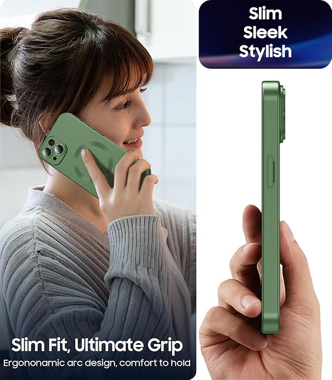 Magnetic for iPhone 13 Case [Compatible with MagSafe][Built-in Camera Lens Protector] Slim Soft Silicone Bumper Shockproof Metallic Luster Phone Case (Green)