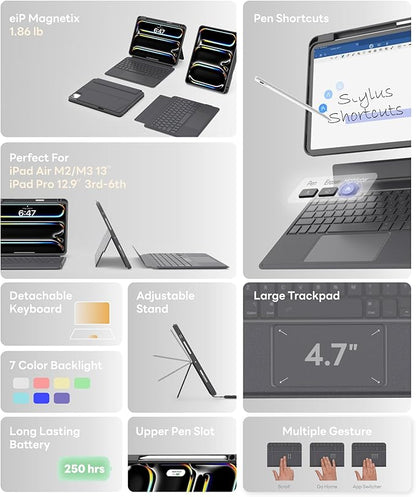 EIP Bluetooth Keyboard Case for iPad Air 13 inch (M3 2025/M2 2024), 13" Magnetic Detachable Case with Trackpad, 7-Color Backlit Keys, Stylus Shortcut Support, Slim Protective Cover