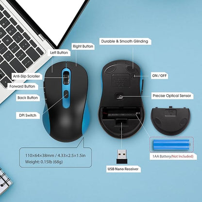 Wireless Mouse for Laptop, PC, Chromebook, Mac, MacBook, Silent Mouse with USB Nano Receiver, Side Button, 2400 DPI, Anti Slip Roller, 6 Button Ergonomics Cordless Computer Mice - Black Blue