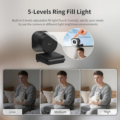 TOALLIN 4K Webcam with Ring Light, Remote Control, PDAF Auto-Focus, 1/2.5" Sensor & 12MP, Built-in Dual Mics, 5X Digital Zoom and Image Mirroring, Web Camera for Live-Streaming/Meeting/Video Calls