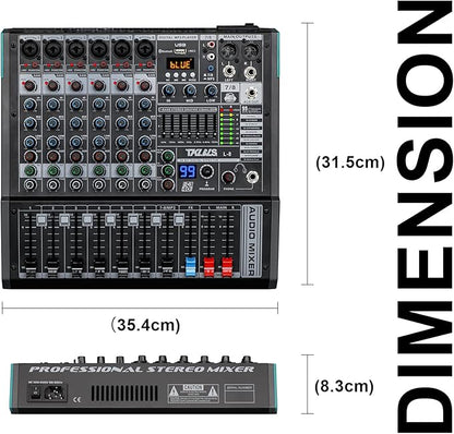 Audio Mixer, TKLBLS Professional 8 Channel DJ Mixer Board with 99-Bit DSP, Sound Board Mixing Console 7-Band EQ Output, USB Audio Interface, Bluetooth 48V Phantom Power For Karaoke Studio Streaming