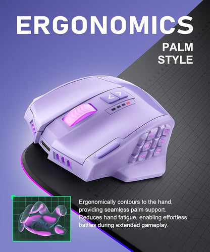 UtechSmart Venus Pro Wireless MMO Gaming Mouse, 16,000 DPI Optical Sensor, Wired/Wireless Dual Modes, 16M Chroma RGB Lighting, 16 Programmable Buttons, Ergonomic Design, Up to 70H, Purple