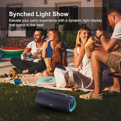 DOSS Extreme Boom Pro D100 Bluetooth Speaker with 140W Peak, 70W Bold Sound, Extra Bass, 24H Playtime, Beat-Sync Lights, Built-in Battery Sharing, IPX6 Waterproof, Portable Strap for Outdoor-Blue