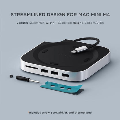Satechi Mac mini M4 Hub & Stand with NVMe SSD Enclosure, Mac mini M4 Dock with 2xUSB A Up to 10Gbps, USB A Data Port, SD Card Reader for Mac mini M4, Mac mini M4 Pro - Silver