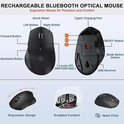 Ergonomic Wireless Keyboard Mouse Combo, MK835 Wave Keys Bluetooth/2.4G Split Design Ergo Keyboard with Cushioned Palm Rest, Multi-Device, Rechargeable, for Multi-OS, Windows/Mac/Android