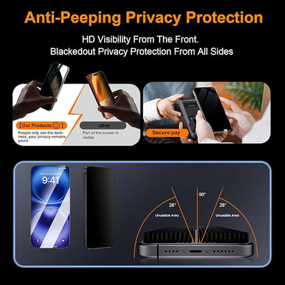 OneFish Privacy Screen Protector for iphone 15 Pro, Anti-Spy Tempered Glass Private Edge Protection Screen Protector with Installation Frame 9H Glass Scratch Resistant,Bubble Free, 2Pack.
