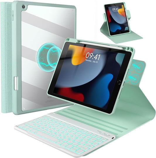BLUTLOTUS Keyboard Case for iPad 9th/8th/7th Generation 10.2 Inch, Air 3rd 10.5 Inch, 360 Rotatable Magnetic Case with Pencil Holder Grooves Design, 7 Color Backlit Detachable Wireless Folio Keyboard