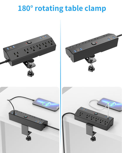 Desk Clamp Power Strip 2 USB C Desktop Mount Outlet Charging Station, 10FT Extension Cord Flat Plug with 6 AC, Removable 40W Fast Charging Surge Protector Power Strip Fits 1.8" Office Tabletop Edge