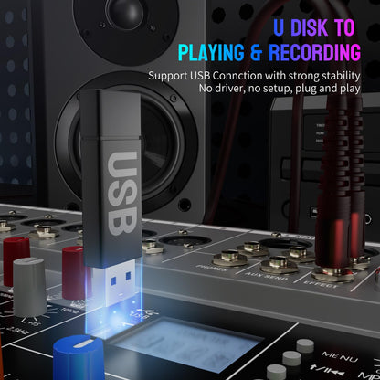 Professional DJ Audio Mixer, 12 Channel Audio Mixer, Bluetooth Sound Mixer, USB Interface, 12 XLR Mic/Line Input, AUX, FX Processor MP3, Headphone,+48V Phantom For Karaoke Studio Streaming Recording