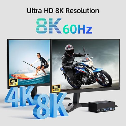 KVM Switch 3 Monitors 2 Computers 8K@60Hz/4K@120Hz, HDMI KVM Switches for 2 PC Sharing Triple Monitor and Keyboard Mouse with Power Adapter, Wired Extend Controller and USB3.0 Cables