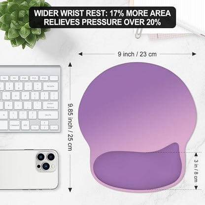 ITNRSIIET Ergonomic Mouse Pad with Wider Memory Foam Wrist Rest +17% - Curved Cushion Reduces Pressure 20%, Pain Relief, Non-Slip, Smooth, Cute Colors, 9.85 x 9 in, Purple Pink Gradient