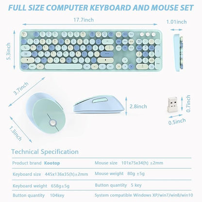 Wireless Keyboard and Mice Combo,Retro Round Keys Full-Sized Cute Keyboard, 2.4Ghz Dropout-Free Connection and Optical Mouse for Windows, Mac, PC, Laptop, Desktop (Blue-Colorful)