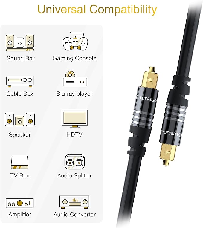 BlueRigger Digital Optical Audio Toslink Cable (3FT, Fiber Optic, Aluminum Shell, 24K Gold-Plated) - Compatible with Home Theatre, Sound Bar, TV, Xbox, PlayStation PS4 – Premium Series