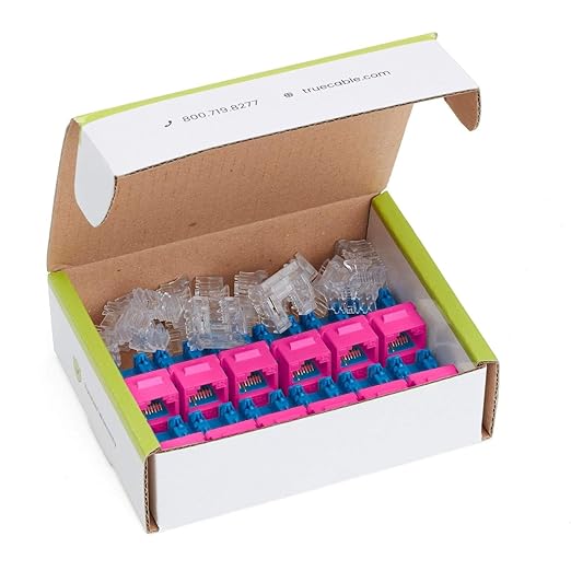 trueCABLE Cat6 Keystone Jack, Unshielded (UTP), 90 Degree Punch-Down, PoE++ (4PPoE) 100W, UL Listed, ETL Verified, ANSI/TIA Certified, Modular RJ45 Female, Pink, 12 Pack