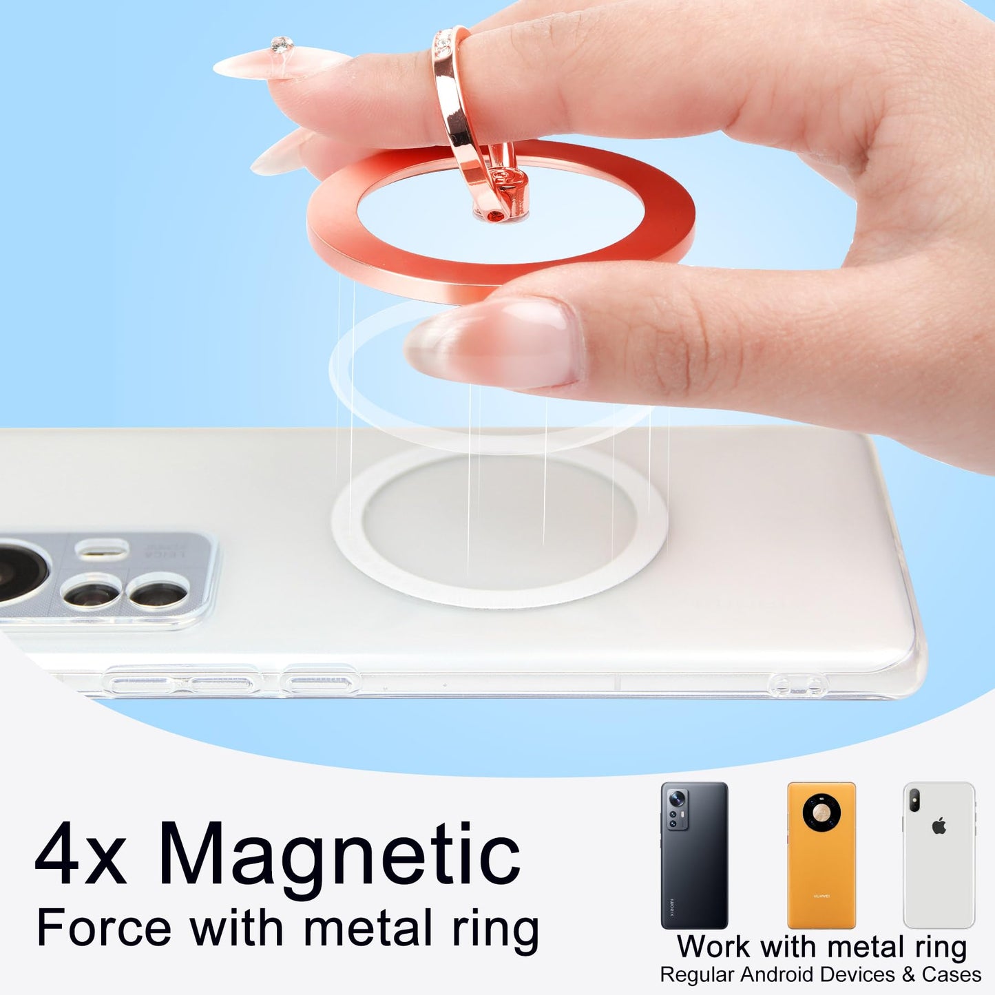 Magnetic Phone Grip for MagSafe, EI Sonador Magnet Phone Ring Holder, Removable, Compatible with iPhone 14 Plus 13 12 Pro Max Mini (Transparent Rose Gold Diamond)