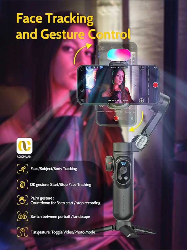 Professional Gimbal Stabilizer for Smartphone,RGB Magnetic Refill Light,OLED Display LED Light,face Tracking,Gesture Control,Professional 3-axis stabilizer for Android &iPhone, AOCHUAN XPRO KIT Black